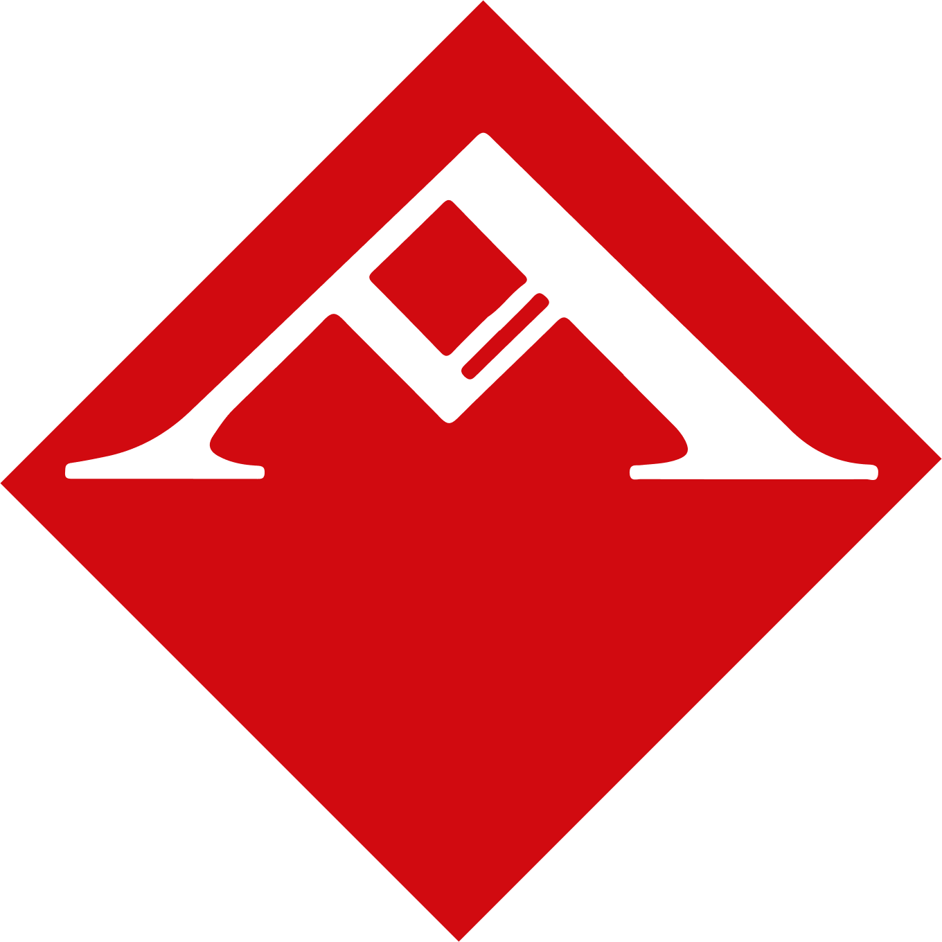 White stylized letter A with an inner diamond shape on a red diamond background.