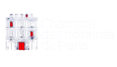 Illustration of a stylized Parisian building with red and white accents next to the text 'Chambre des notaires de Paris.'