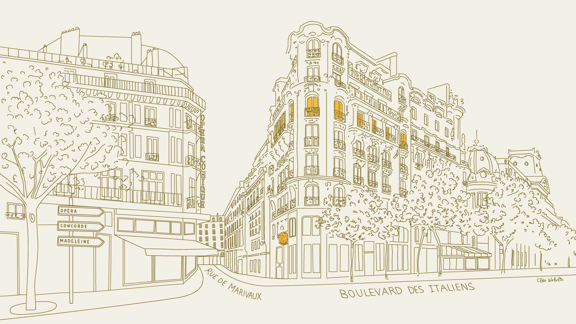 Line drawing of Parisian street corner with buildings, trees, and signs for Opéra Comique, Opéra, Concorde, Madeleine, Rue de Marivaux, and Boulevard des Italiens.