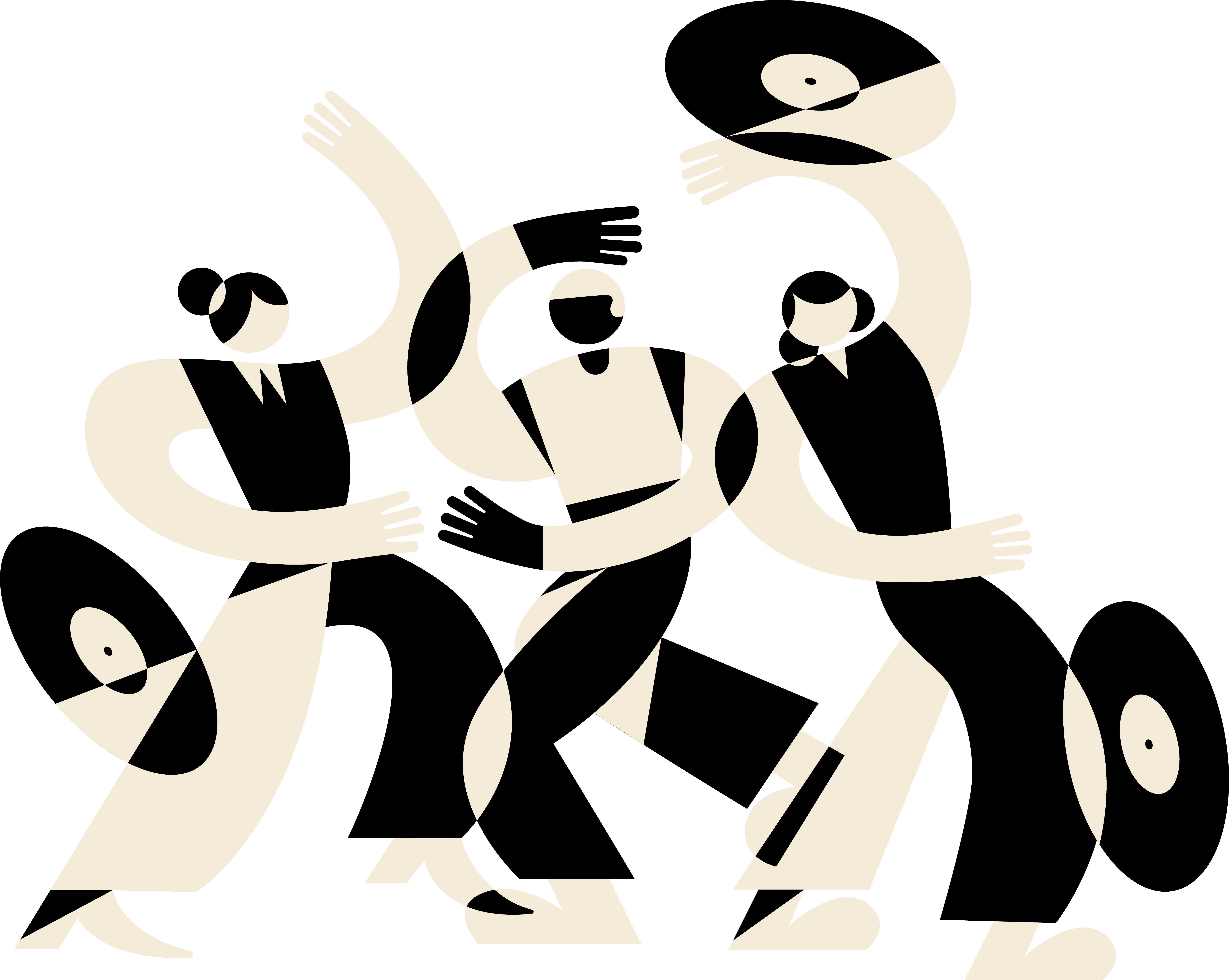 Grupa ludzi tańczących z winylami – radość, taniec i wspólna zabawa.