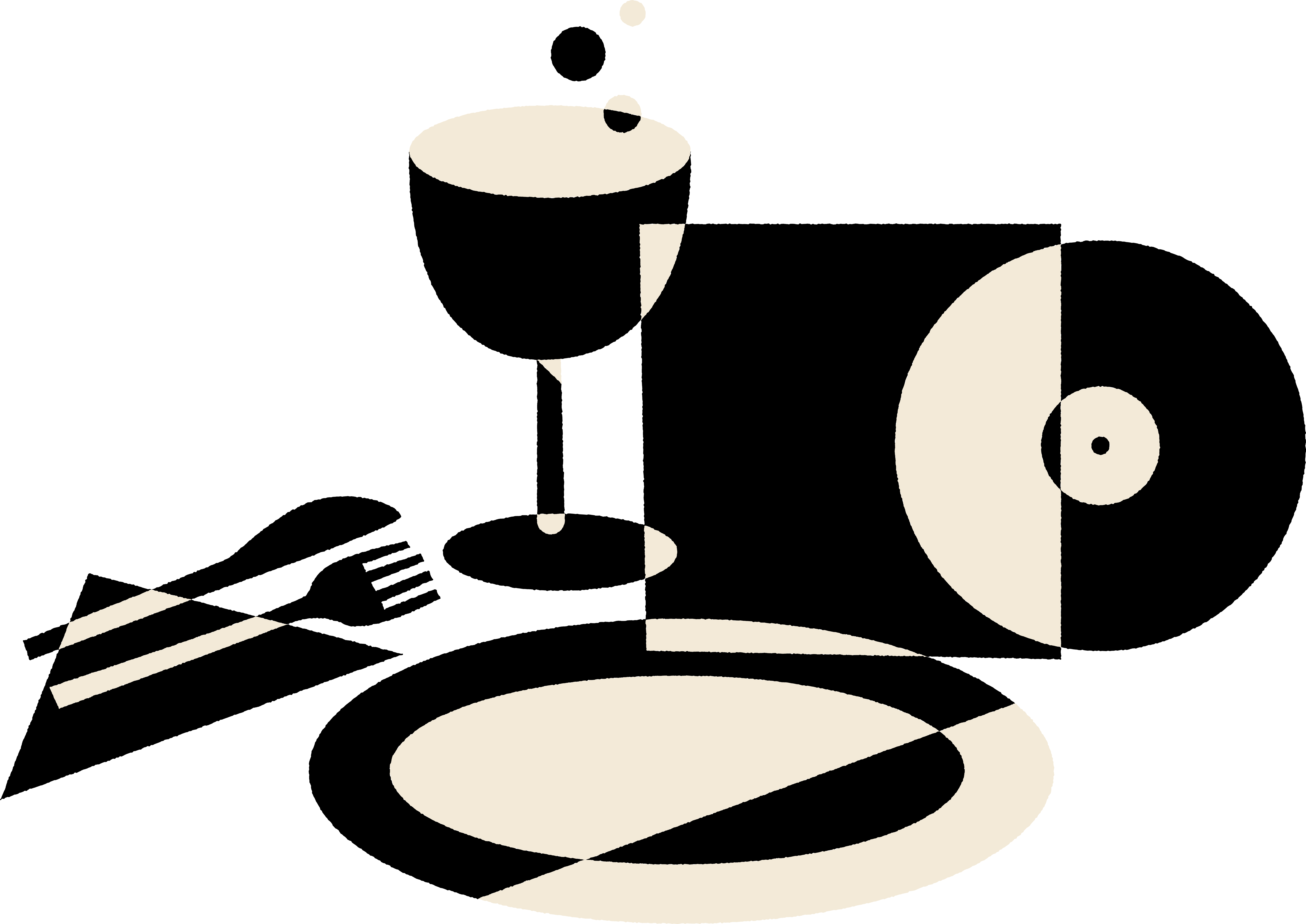 Winyl w opakowaniu z kieliszkiem wina i przekąskami – imprezowy klimat retro.