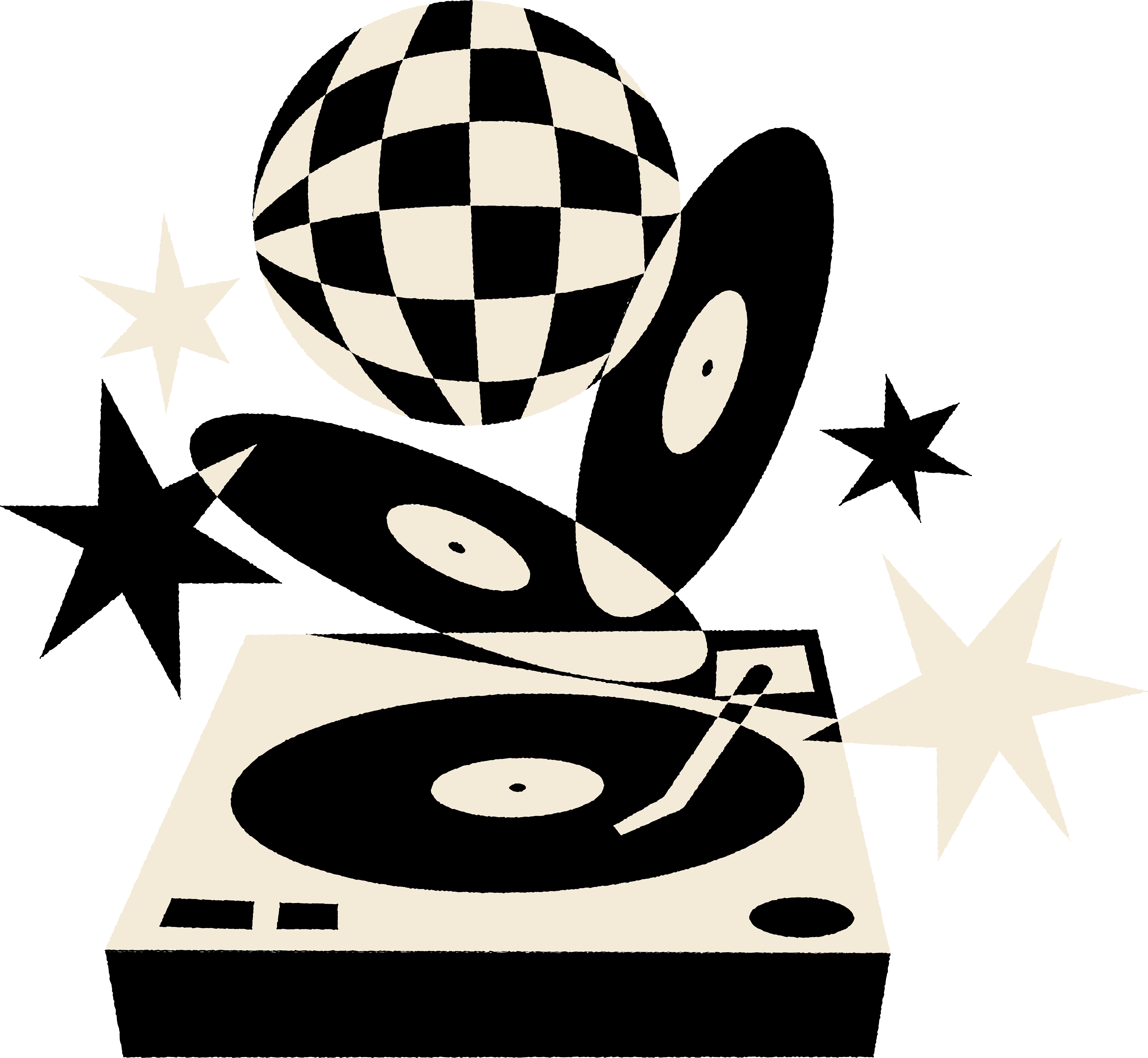 Dyskoteka z kulą lustrzaną, gramofonem i tańczącymi winylami – atmosfera klubu nocnego.