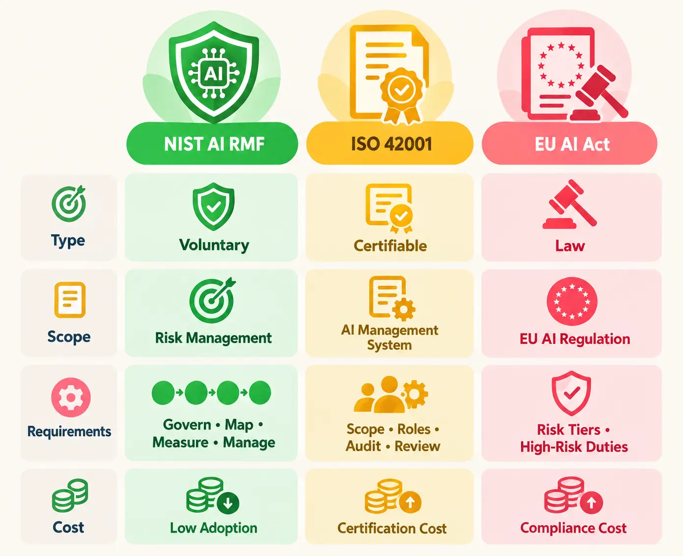 AI governance frameworks including NIST AI RMF, ISO 42001, and EU AI Act