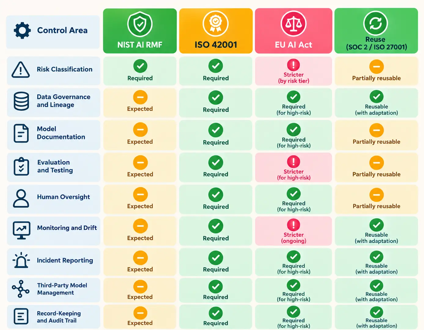 AI governance framework comparison across NIST AI RMF, ISO 42001, and EU AI Act