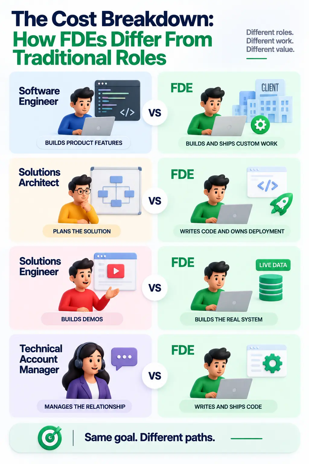 FDE vs software engineer vs solutions architect roles and responsibilities
