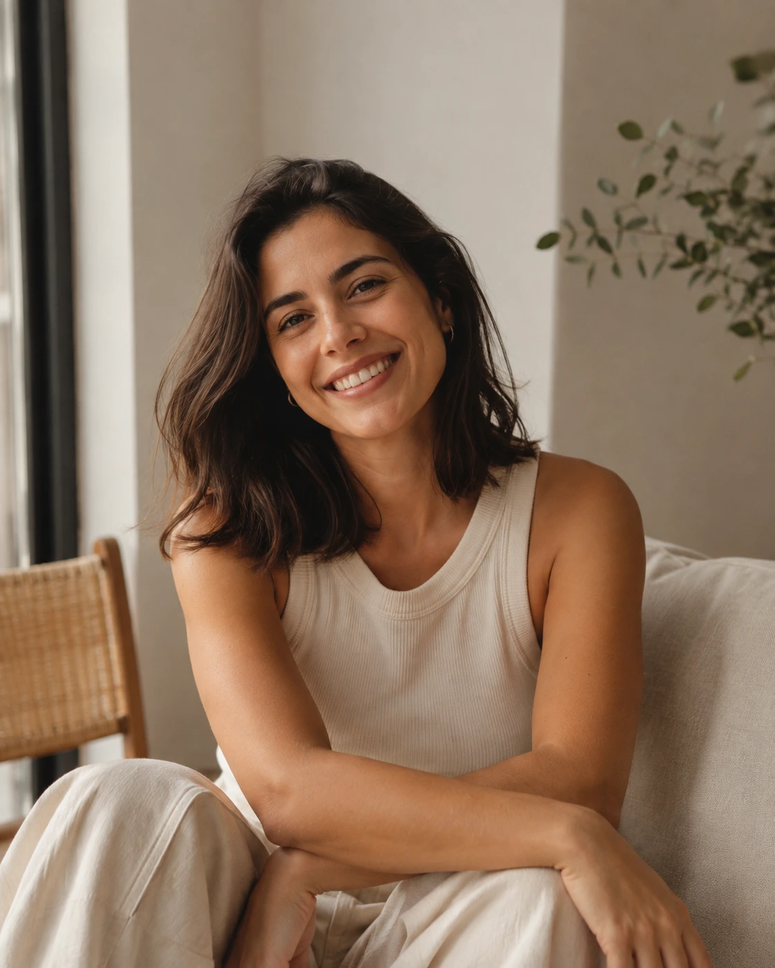 Mulher sorrindo em ambiente acolhedor de clínica de psicologia.