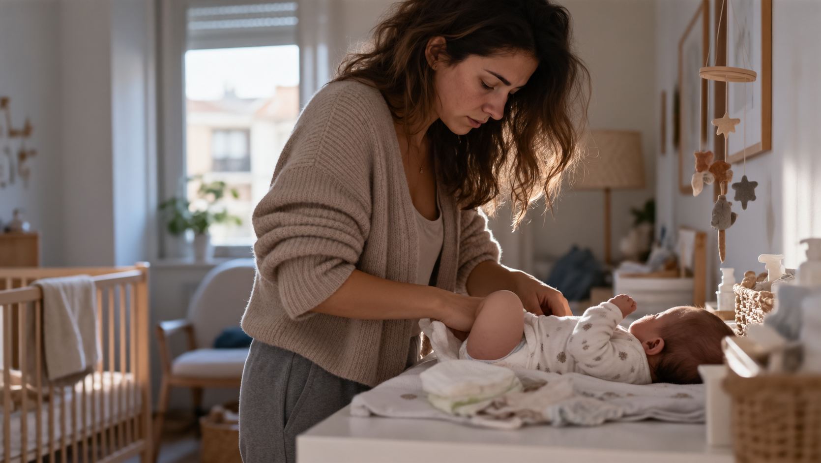 Mãe com expressão distante a segurar o bebé