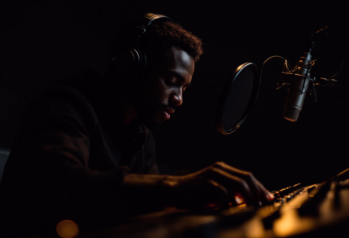 image of behind-the-scenes creation (sound engineer in a recording booth)