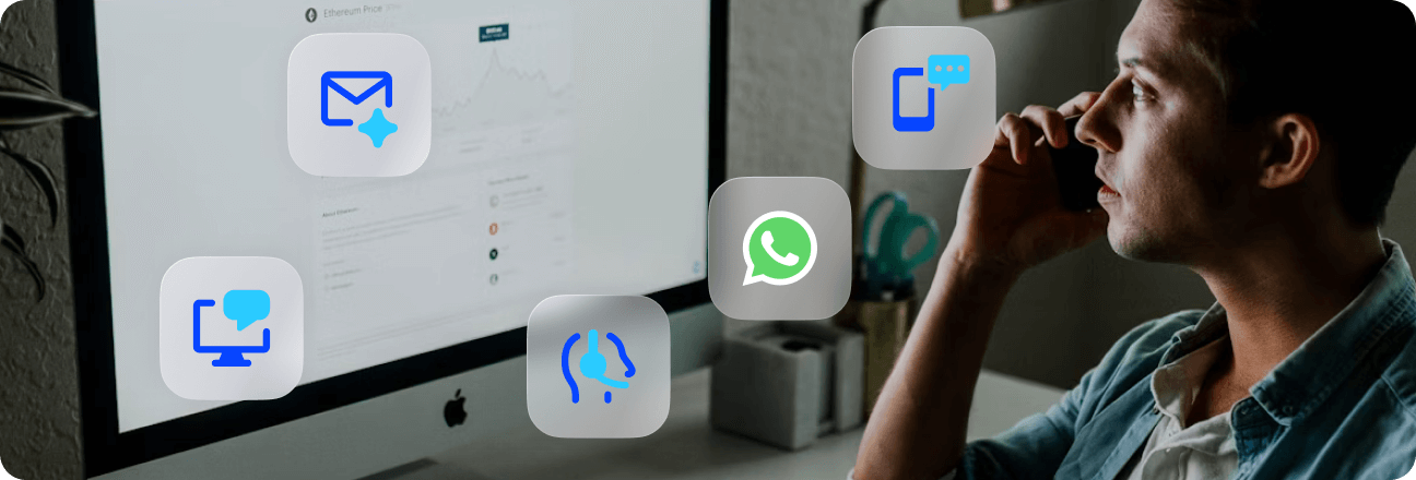 Multichannel customer support with ConvoIQ AI Agent platform, including WhatsApp, voice, email, and chat icons