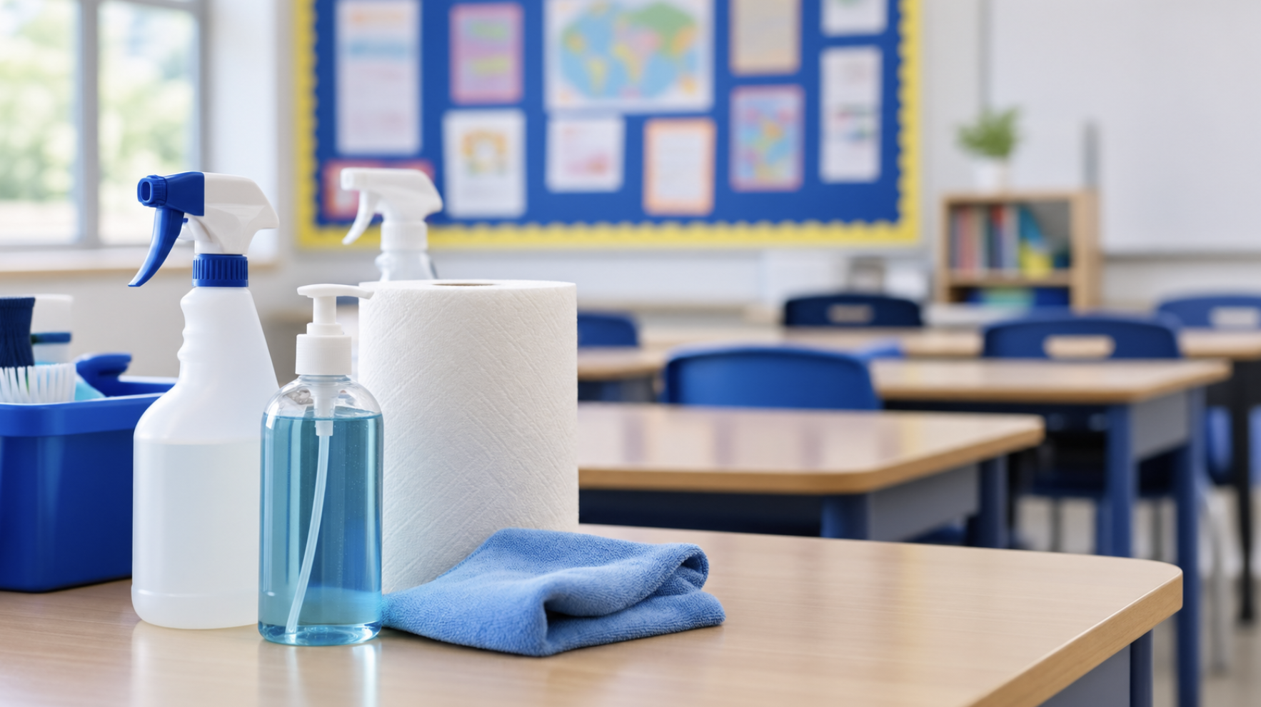 Cleaning supplies in a clean school classroom