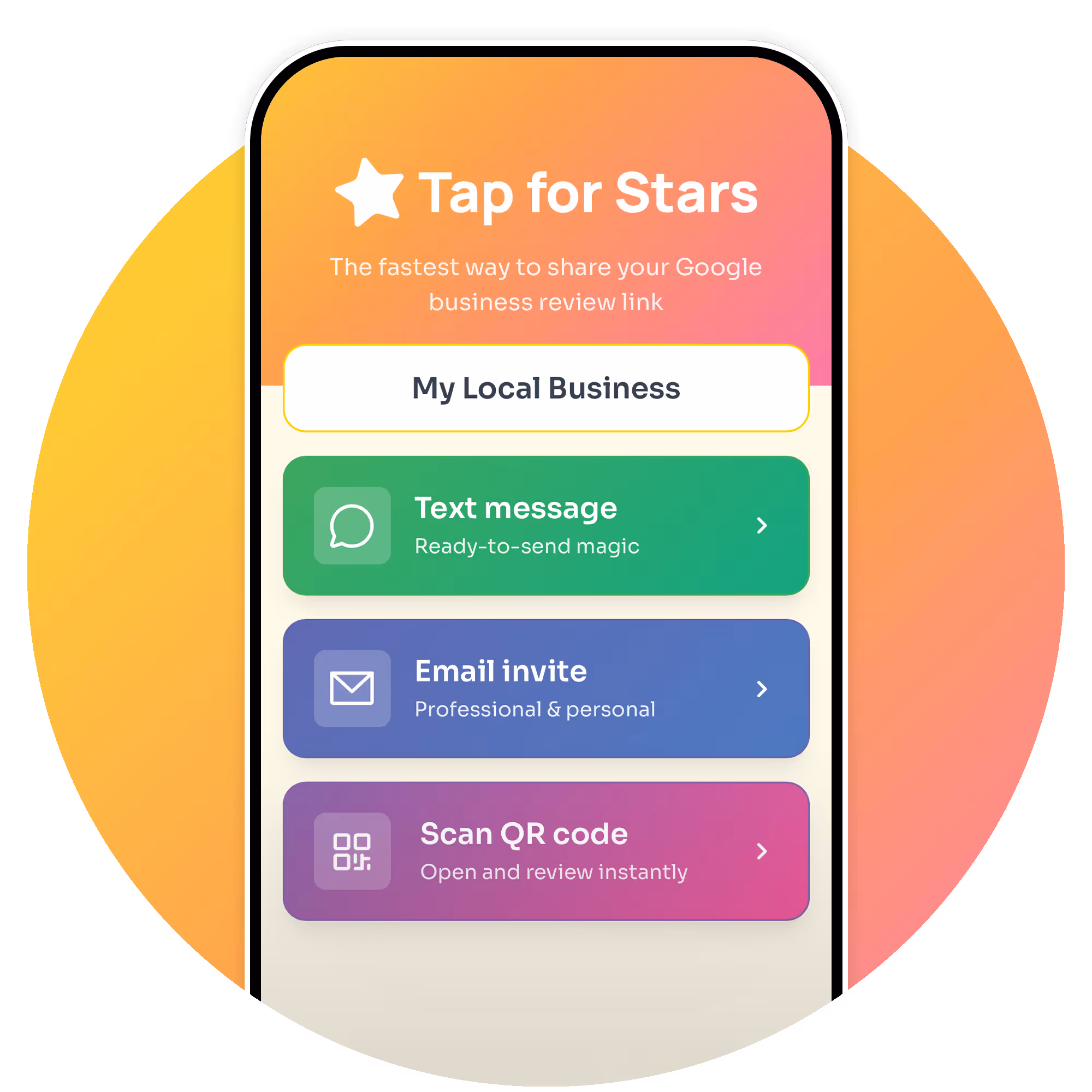 Tap For Stars app interface showing three review collection buttons on a mobile phone