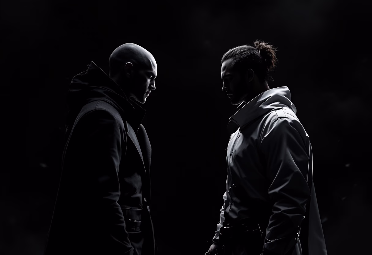 Silhouetted profile of two men facing each other in dark coats against a black background.