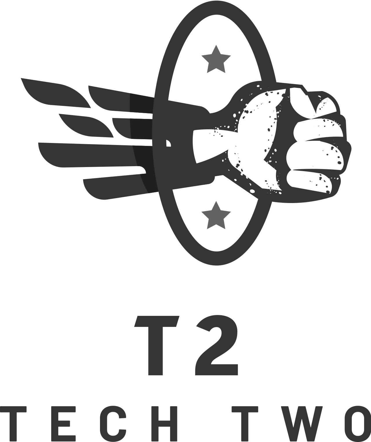 Black and gray logo with a clenched fist punching through a circular shield with stars and wings, text 'T2' above 'TECH TWO'.