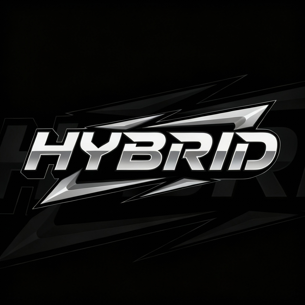 Stylized silver and white word 'HYBRID' with dynamic triangular lightning bolt designs on a black background.