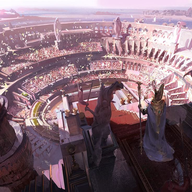 A large ancient arena filled with people watching a central stage, viewed from above behind a robed figure holding a staff and a statue of a horse.