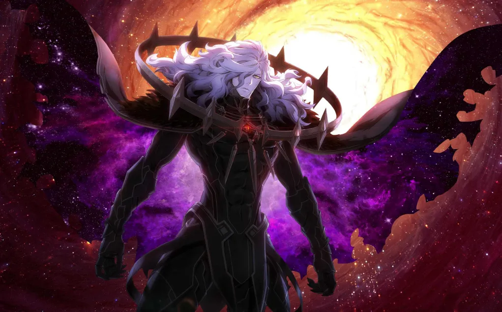 Anime-style character with long white hair and black armored suit standing against a swirling cosmic background with purple and orange hues.