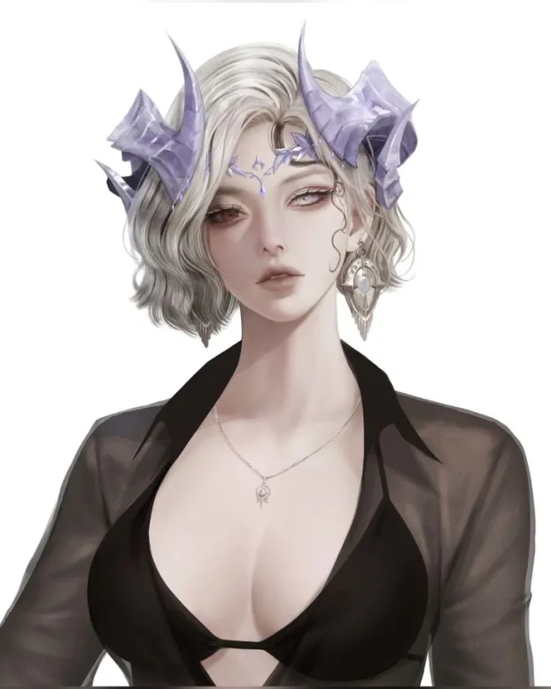 Digital portrait of a pale-skinned woman with short silver hair, purple horn-like accessories, intricate face markings, and wearing a sheer black top with a necklace.