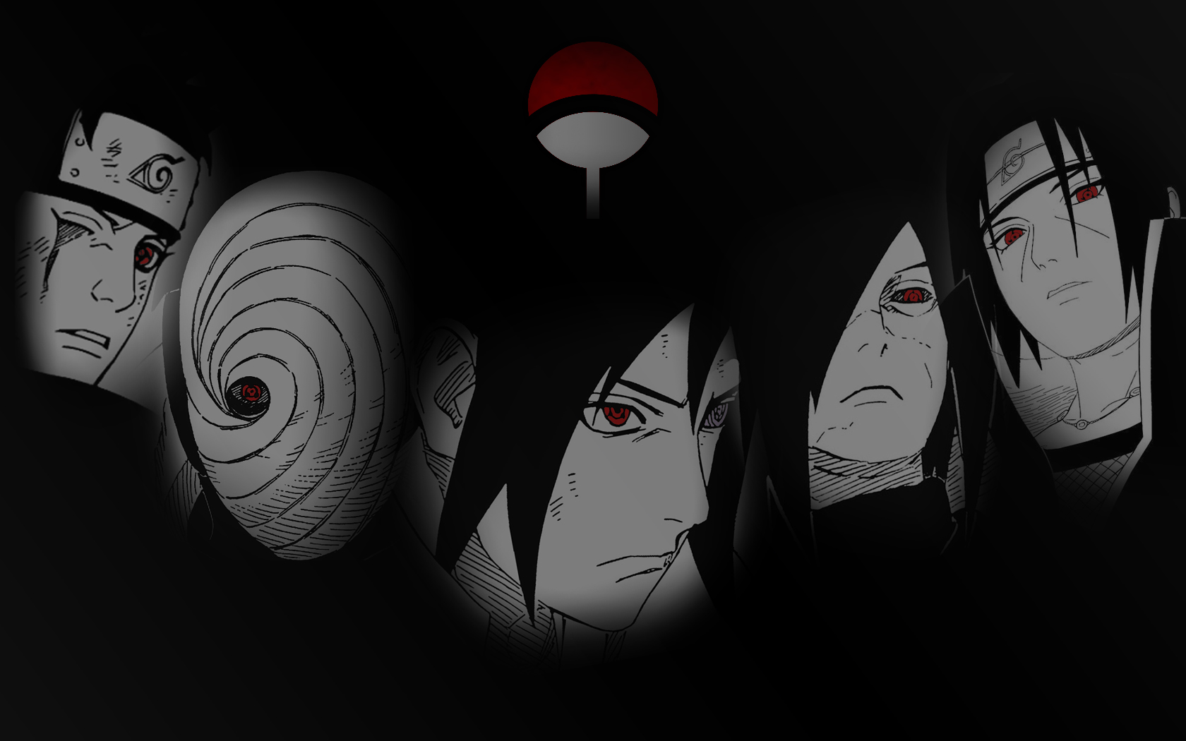 Dark-themed anime illustration featuring six characters with red eyes and headbands, centered around a red and white fan symbol.