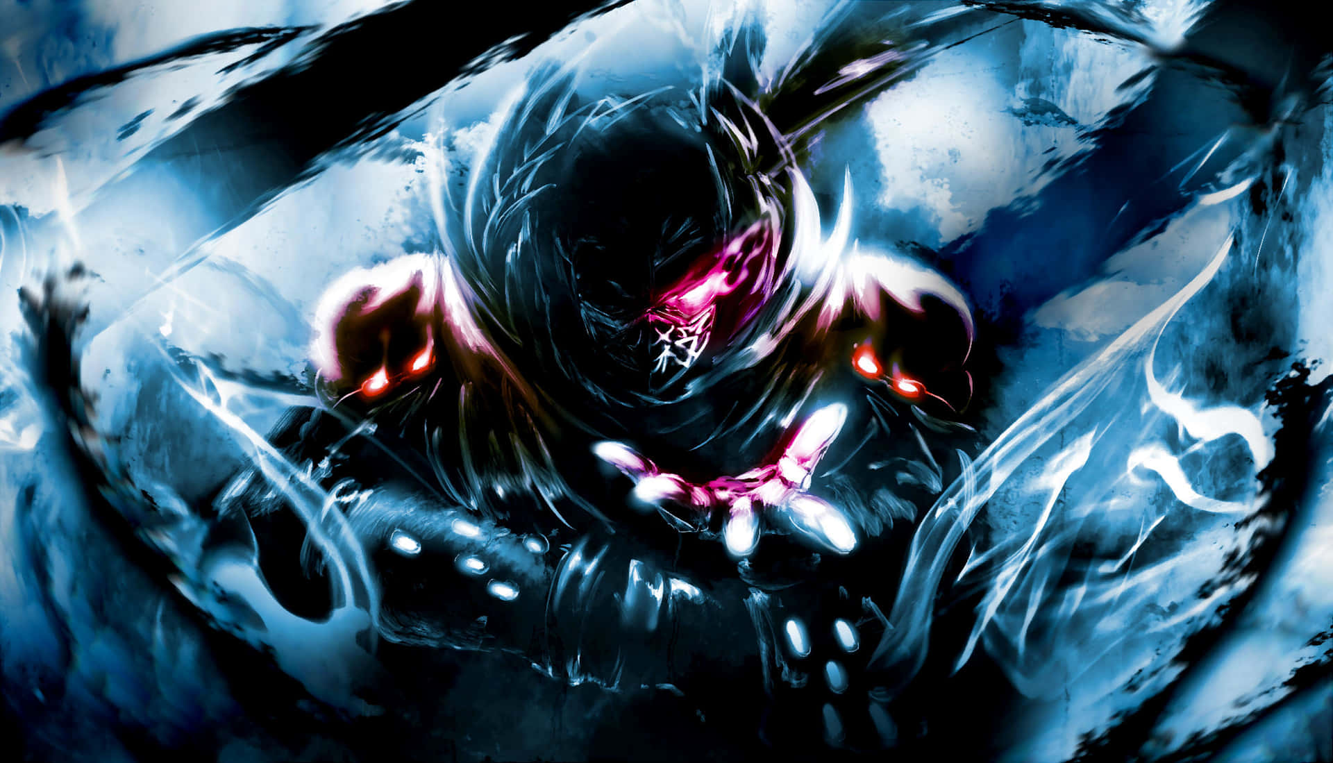 Dark, shadowy figure with glowing red eyes and an outstretched hand surrounded by swirling blue and white energy.