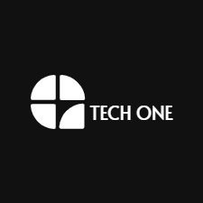 Tech One company logo with a white abstract segmented shape and text on a black background.
