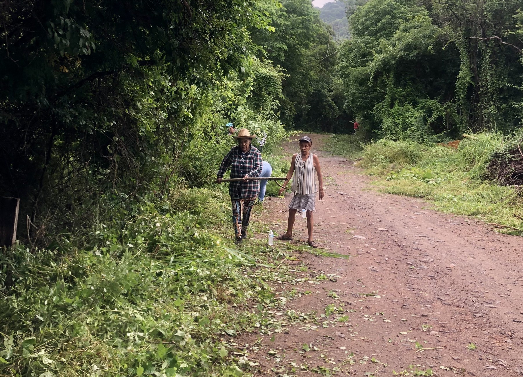 Dos vecinas limpiando la maleza a la orilla de un camino de terracería
