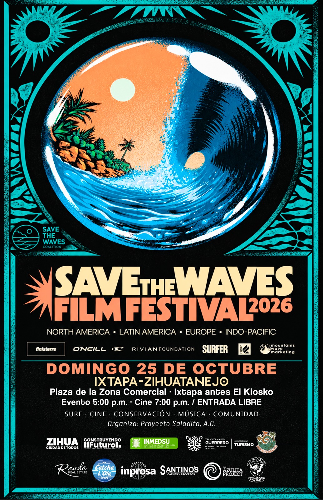 Save The Waves Film Festival 2026 poster for Ixtapa-Zihuatanejo, Sunday October 25, free entry