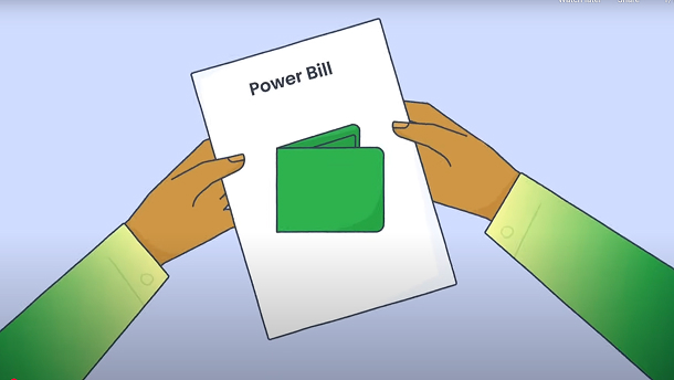 Illustration of hands holding a paper labeled 'Power Bill' with a green wallet icon on it.