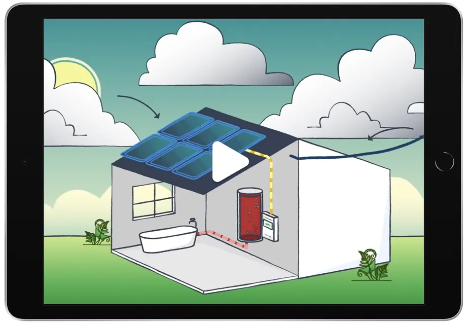 Illustration of a house with solar panels on the roof connected to a water heating system inside.