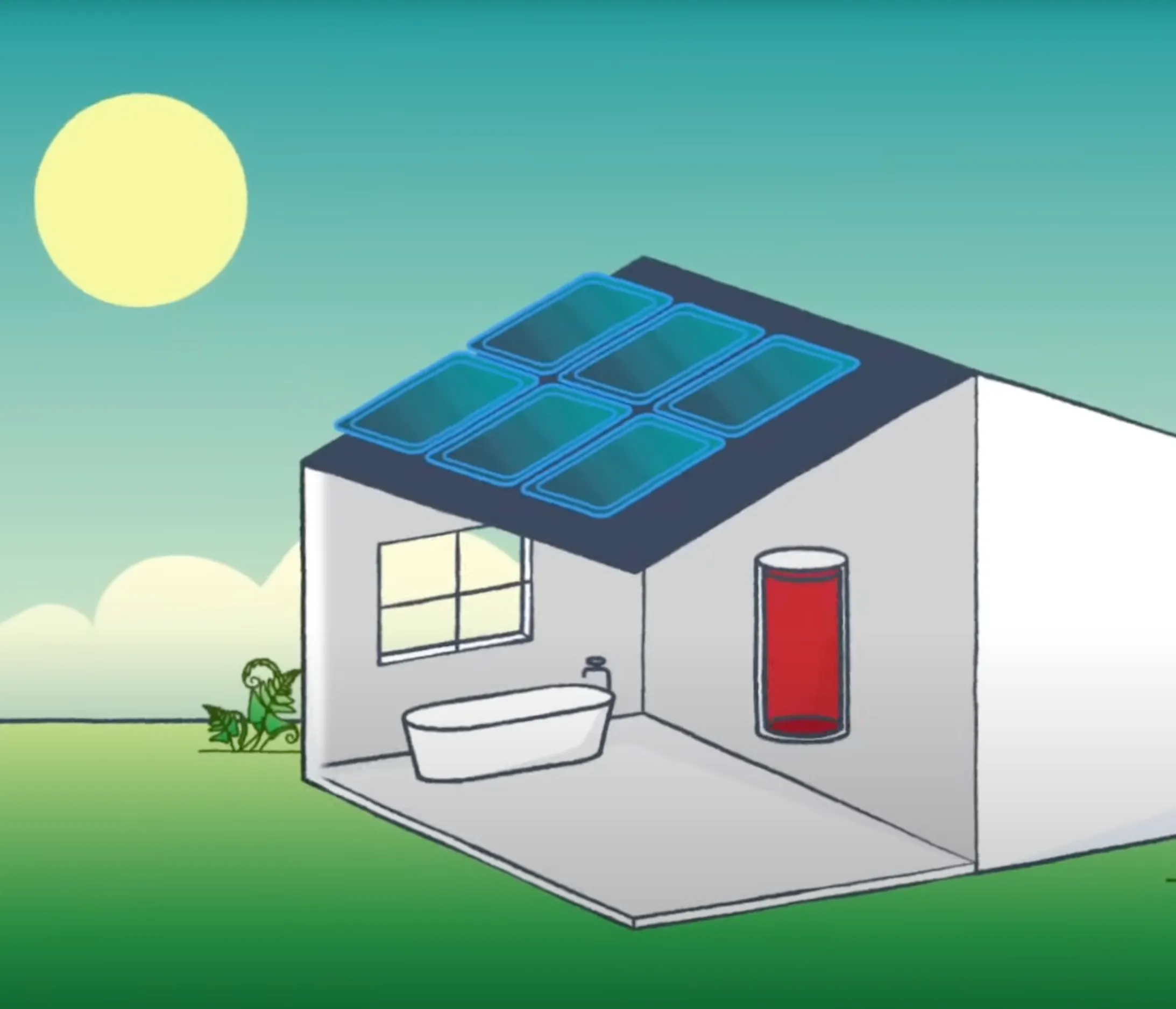 Illustration of a house with solar panels on the roof, a bathtub inside, and a red cylindrical water tank on the wall, under a bright sun in a clear sky.