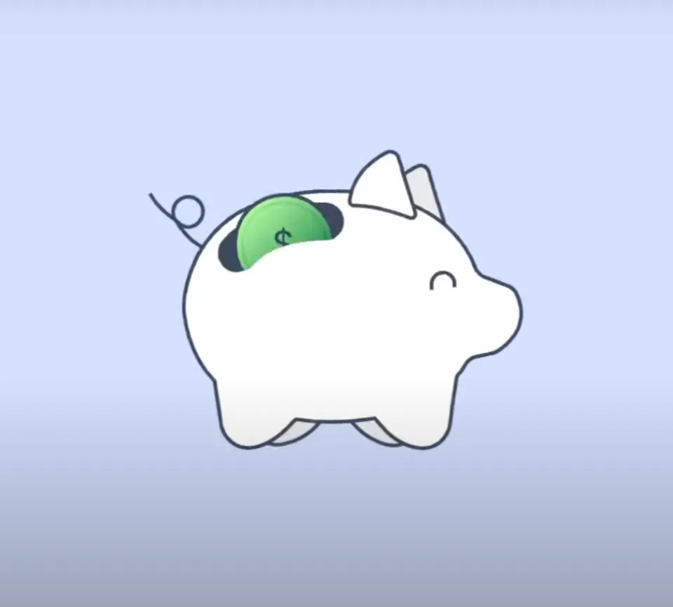 White piggy bank with a green coin featuring a dollar sign inserted on its back.