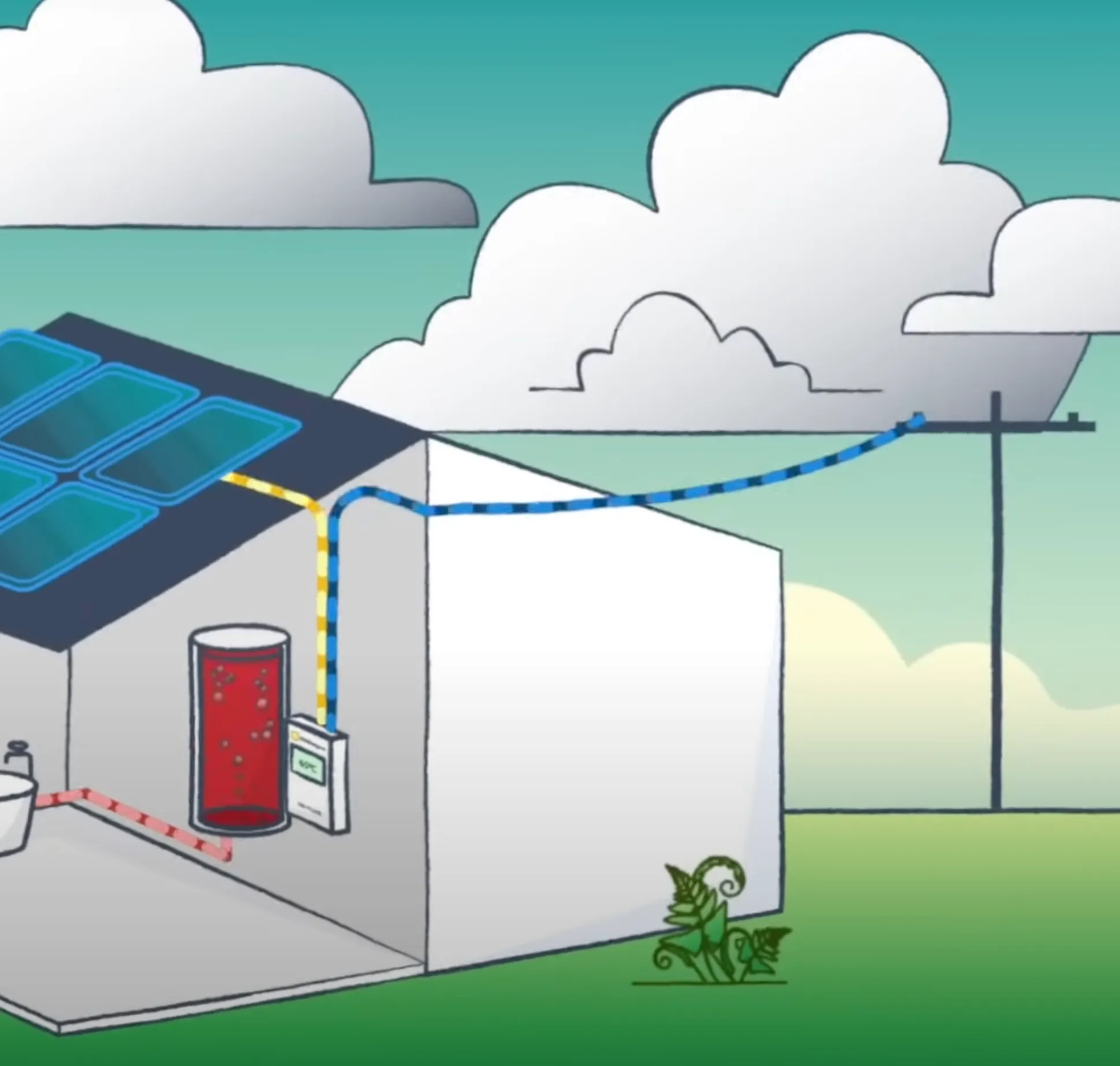 Illustration of a house with rooftop solar panels connected through colored cables to an interior battery and a utility power line outside.