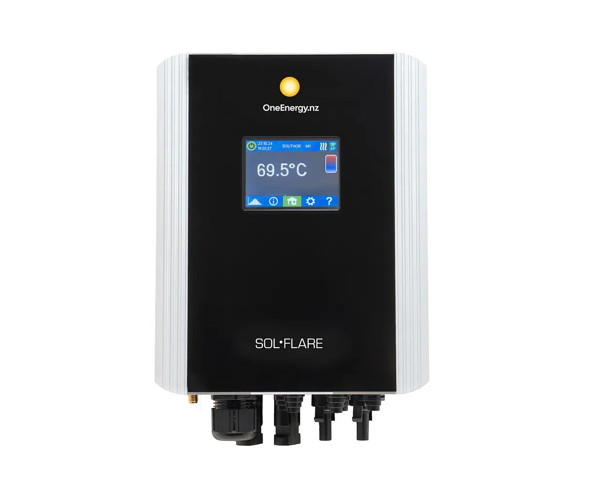 OneEnergy.nz SOL•FLARE device with a digital display showing a temperature of 69.5°C.