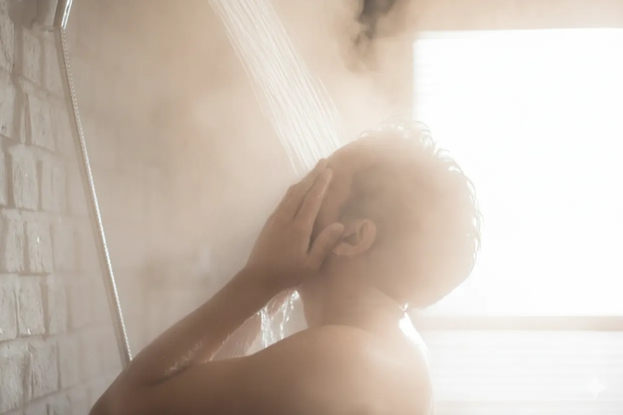Man washing his face under a steaming shower with water spraying from a handheld showerhead.