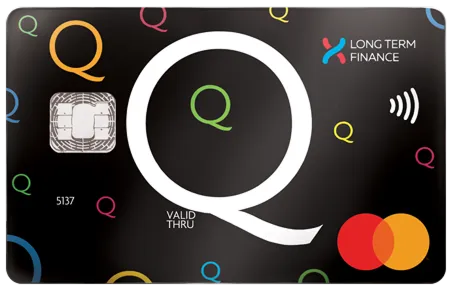 Black credit card with a large white Q and smaller colorful Q letters scattered, Long Term Finance logo, and Mastercard logo.