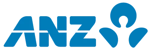 ANZ logo with blue stylized letters and a keyhole-shaped emblem.