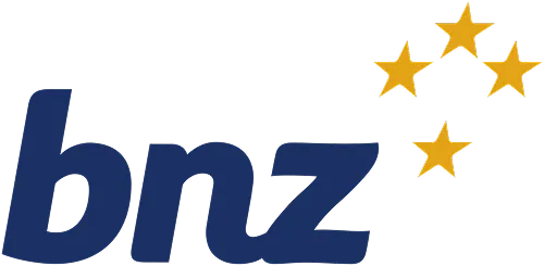 Lowercase letters 'bnz' in dark blue with four gold stars forming a curved pattern above.