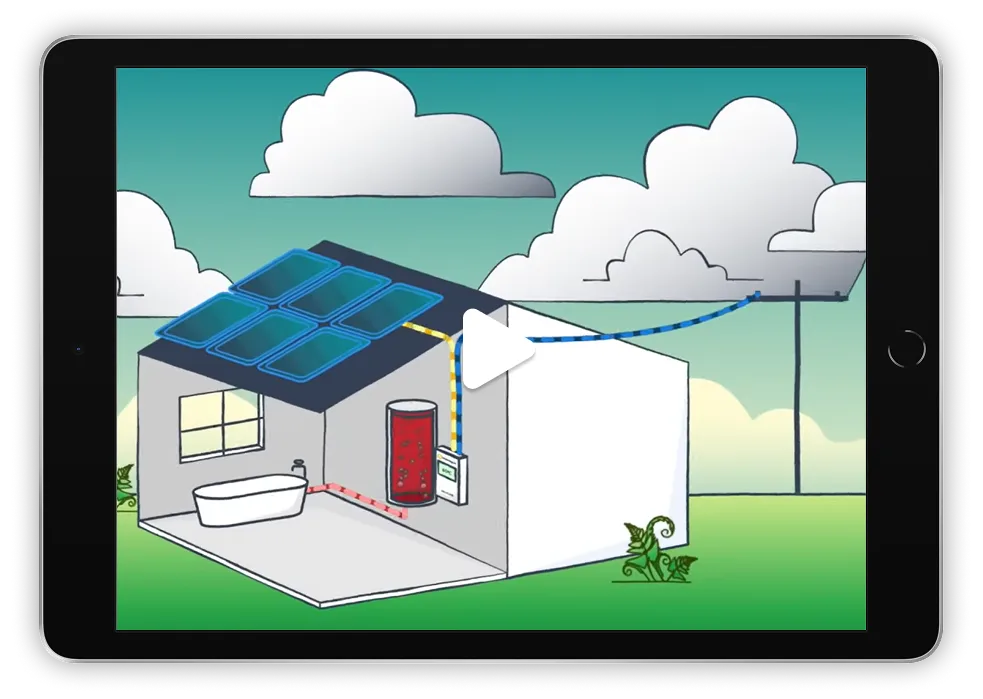 Illustration of a house with solar panels on the roof connected to an electric meter and a utility pole, showing energy flow lines.