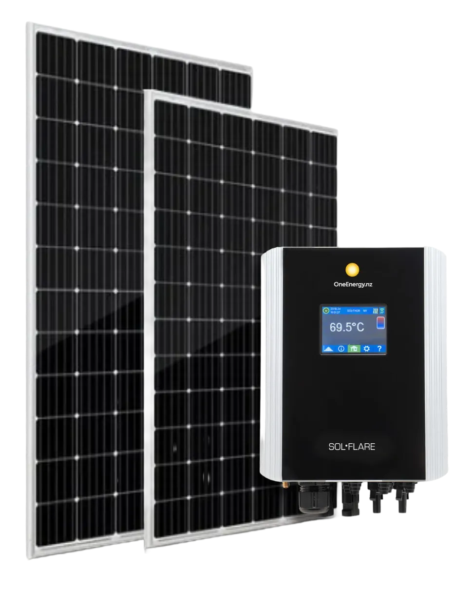 Two black solar panels with silver frames next to a black solar power inverter displaying a screen reading 69.5°C, branded OneEnergy.nz SOL•FLARE.