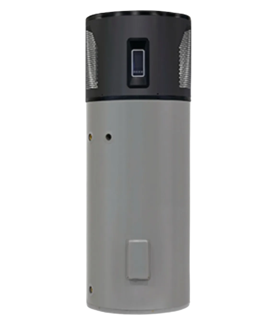 A cylindrical device with a two-tone design: a matte gray lower section and a black upper section that features a small rectangular screen or sensor in the center and textured side panels.