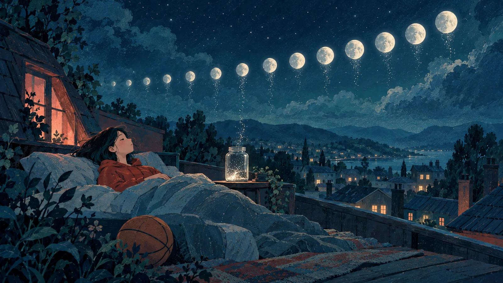 Basketball player resting on a rooftop bed beneath fourteen moons, with moon dust collecting in a jar.