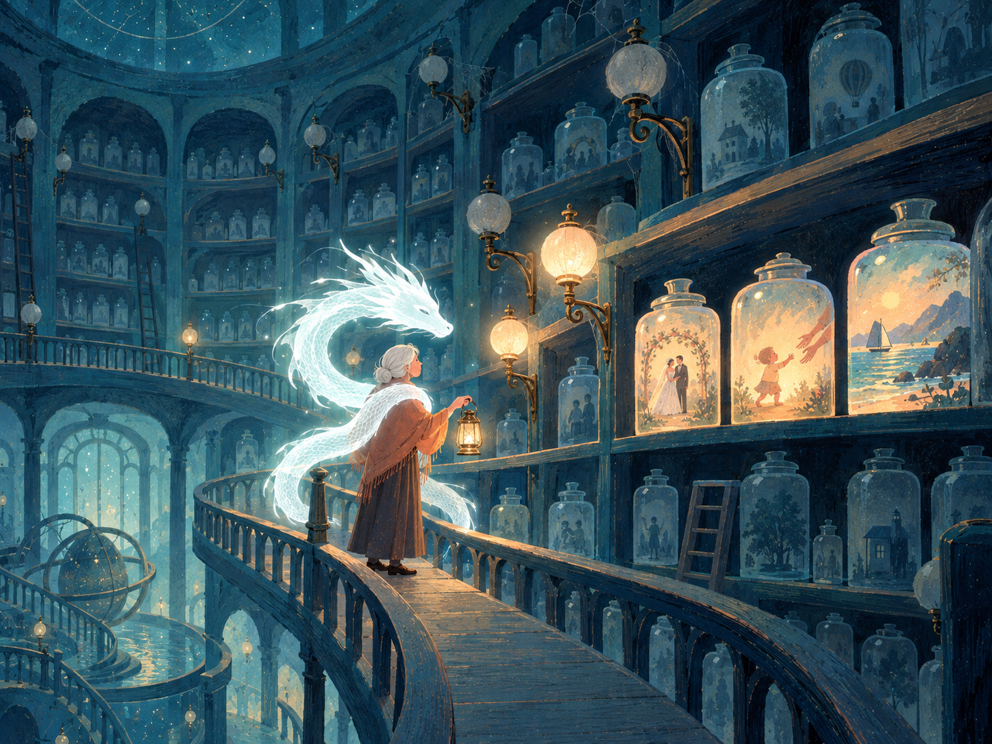 Illustration: an older woman with a lantern in a vast library of glowing memory jars, relighting the lamps.