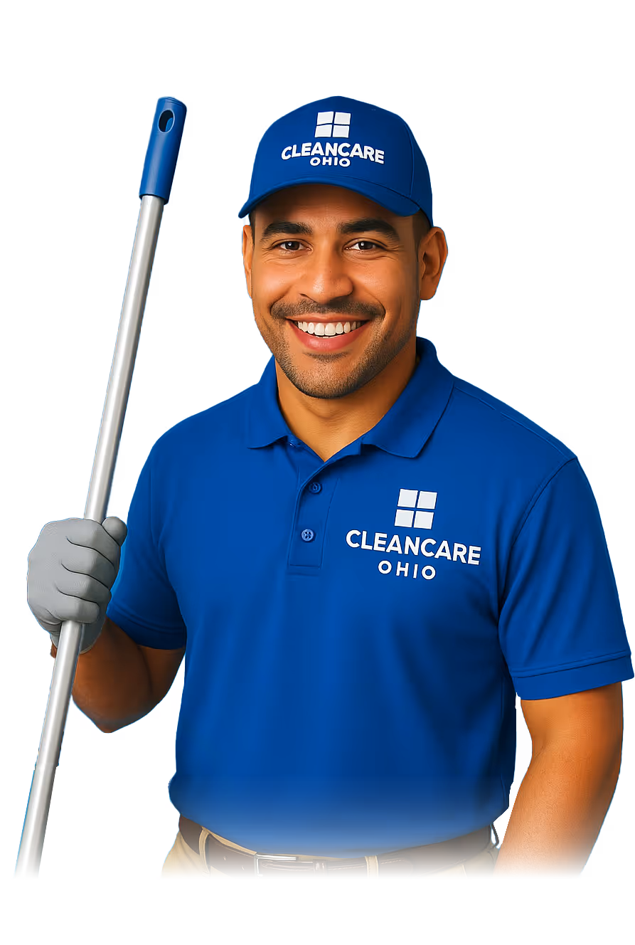 a happy team member in uniform holding a broom.