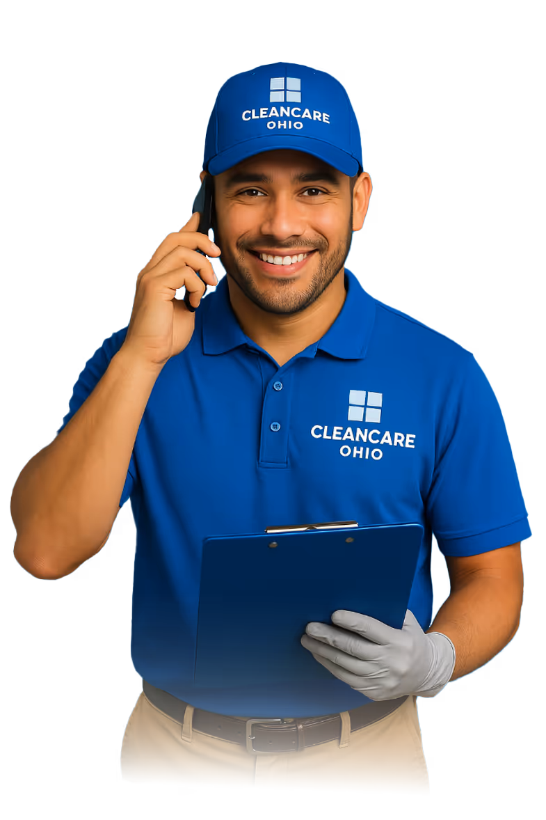 photo of a happy team member holding a clipboard while talking on a cell phone