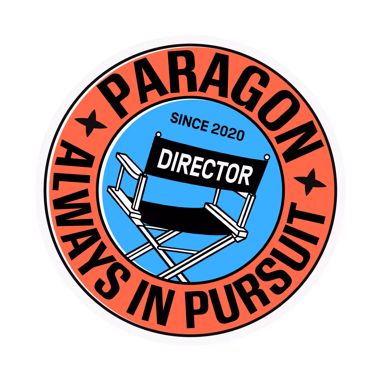 Circular emblem with a black director’s chair in the center on a blue background, text around the edge reads 'PARAGON ALWAYS IN PURSUIT' and 'SINCE 2020' above the chair.