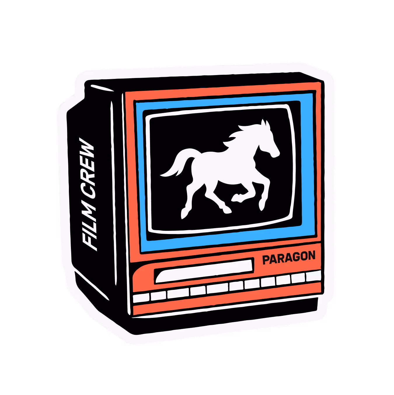 Retro film crew equipment box labeled 'PARAGON' with a running horse graphic on the screen.