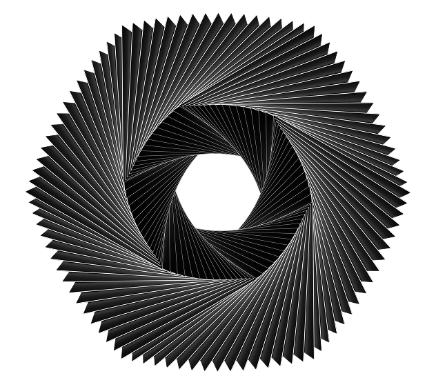 A geometric spiral design with alternating layers of black and white creating a hypnotic visual vortex effect.