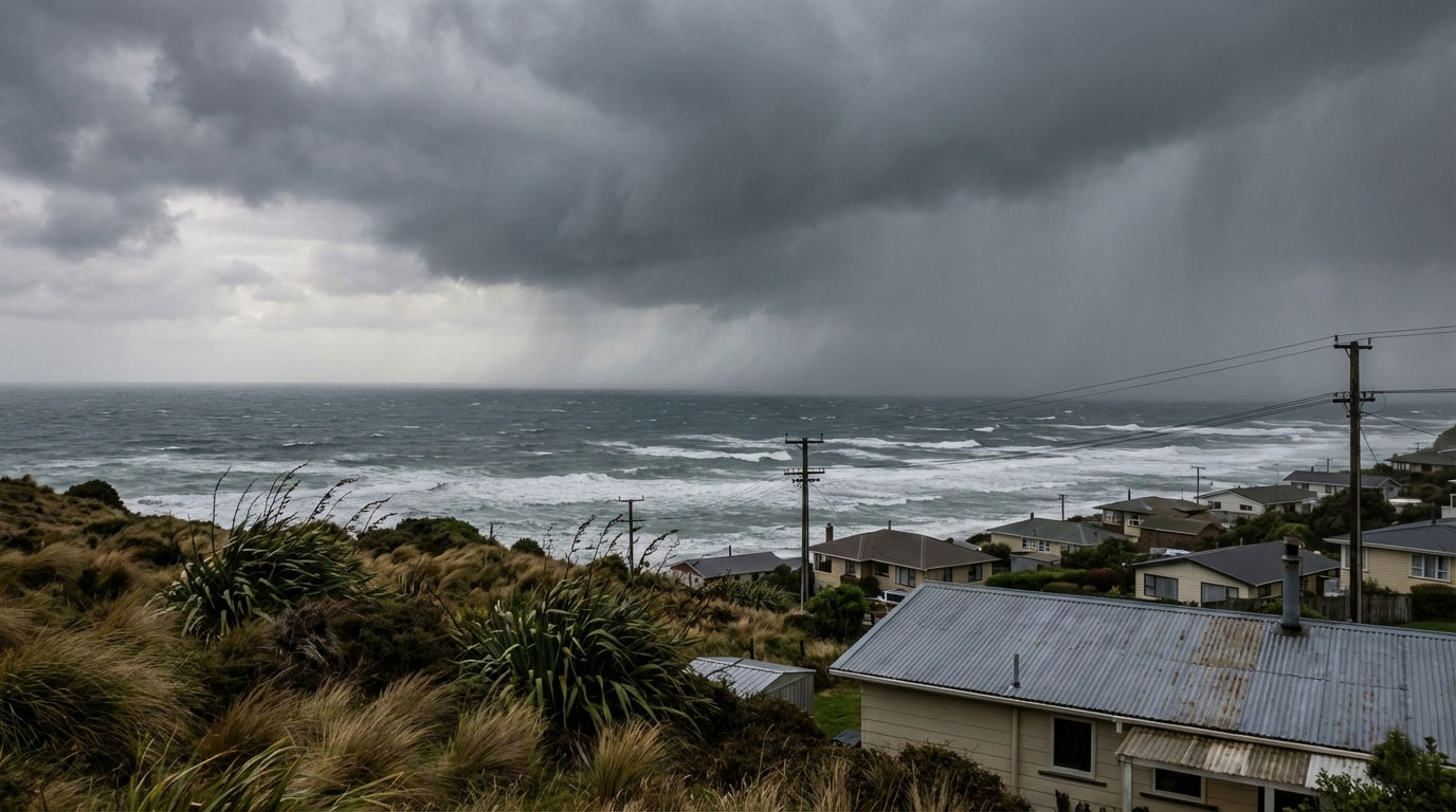 Dark storm clouds loom over a coastal town, with rough waves crashing against the shore, windblown grasses in the foreground, and houses and power lines overlooking the sea.