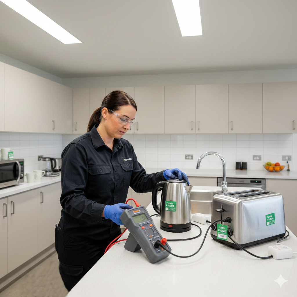 A woman wearing safety glasses and blue gloves tests an electric kettle with a digital multimeter on a kitchen counter, with a toaster and sink nearby in a clean, modern workspace