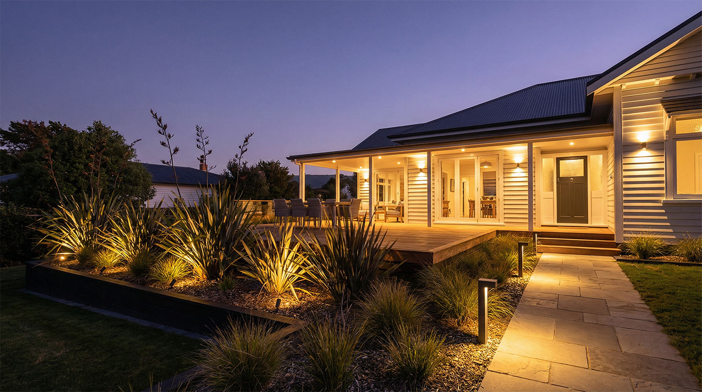 A contemporary white weatherboard house at twilight, featuring a stone path and wooden deck illuminated by warm outdoor lighting that highlights architectural plants and a landscaped garden.