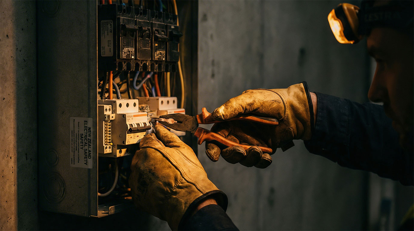 This image shows an electrician in thick protective gloves performing precise work on an open electrical panel. The scene is set in a dimly lit environment, with the worker using a headlamp to illuminate the complex wiring and circuit breakers. A "New Zeal